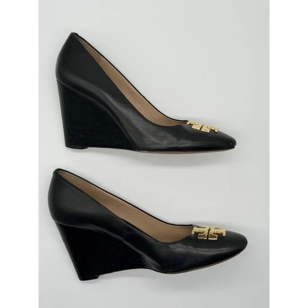 Tory Burch Sally Wedge Heel Black Size 9 Gold Logo